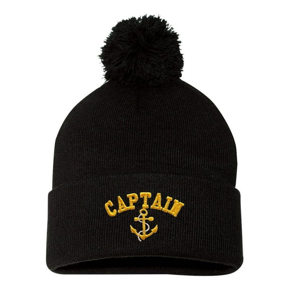 Adult Captain With Anchor Embroidered Knit Beanie Pom Cap