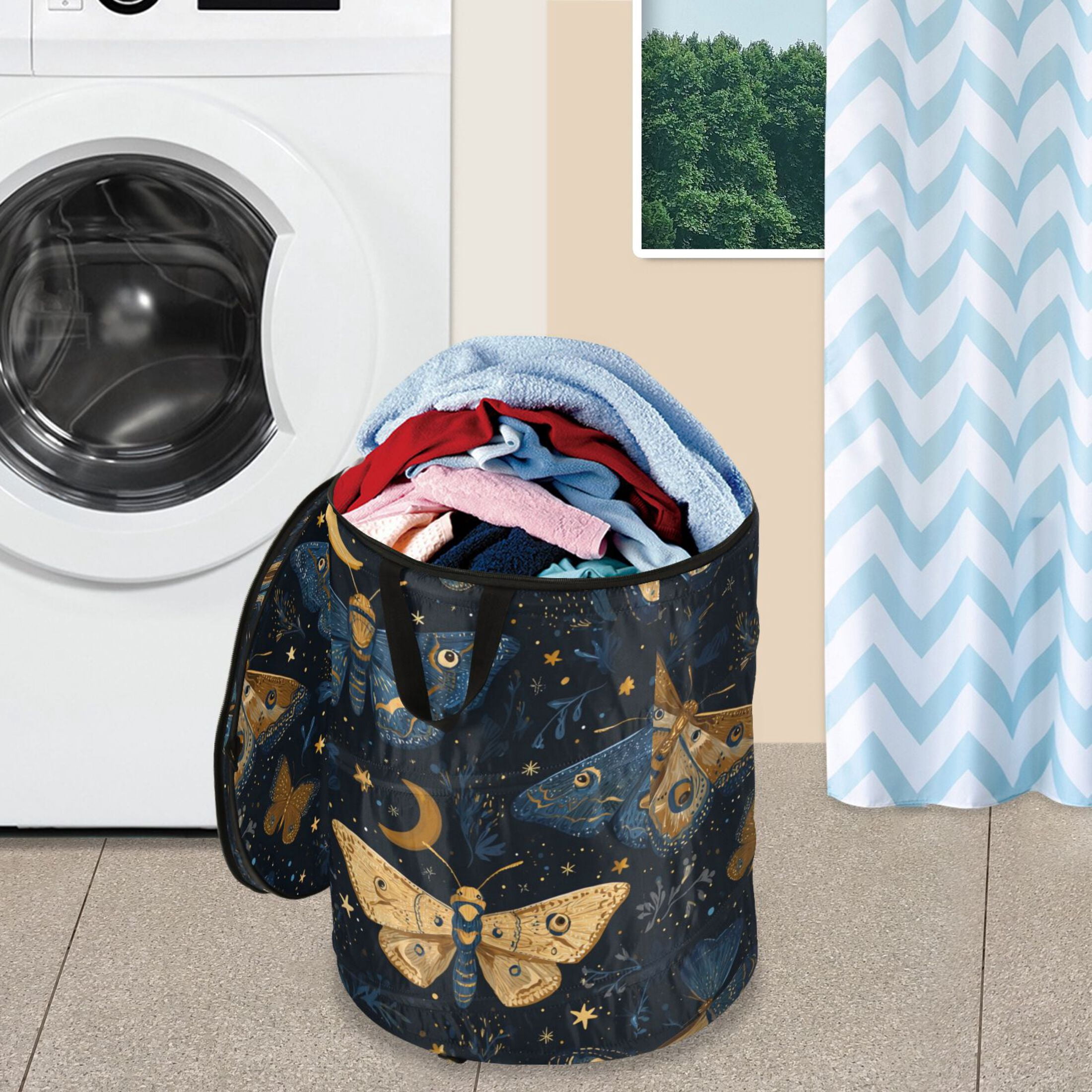 50L Extra Large Popup Hamper Collapsible Laundry Basket With Zippered Lid 15.7x18.5in Butterflies Moon Vector