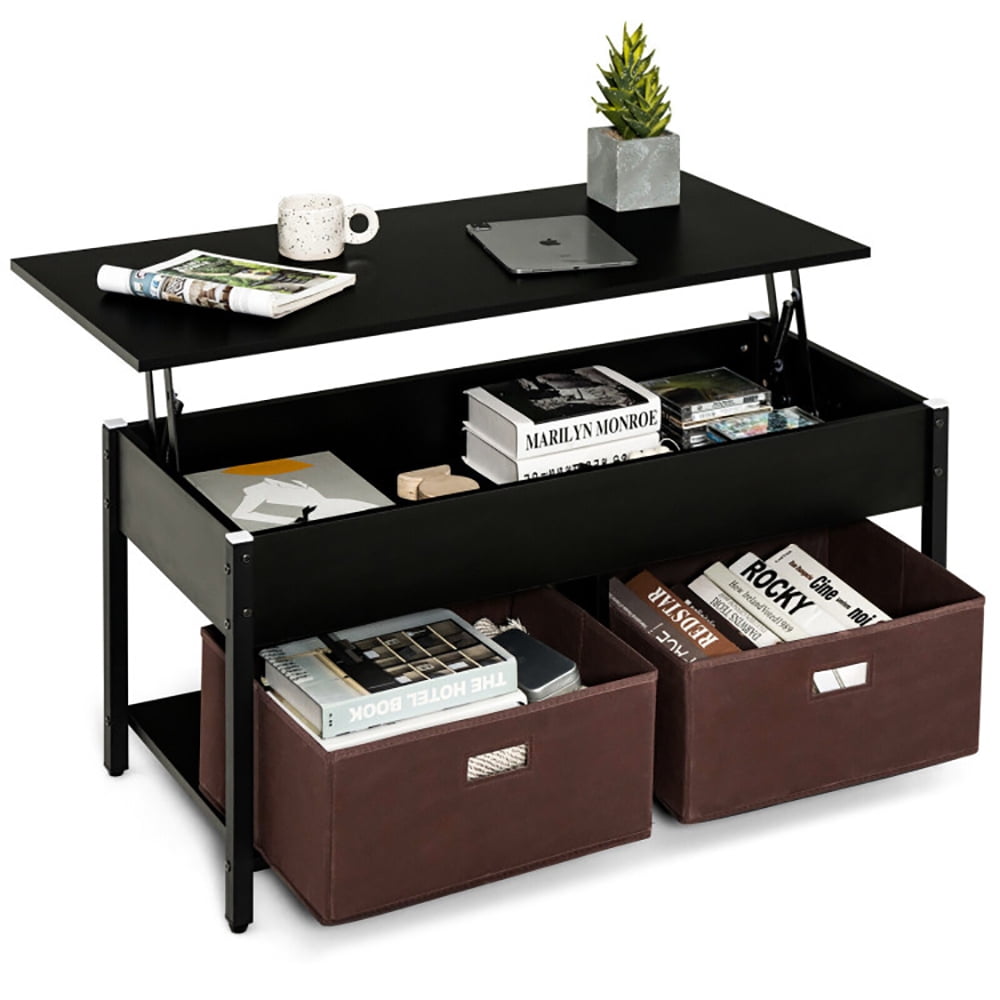 Finihen Rectangular Coffee Table, Lift Top Coffee Table, Central Table with Drawers and Hidden Compartment, for Living Room, Reception Room, Black