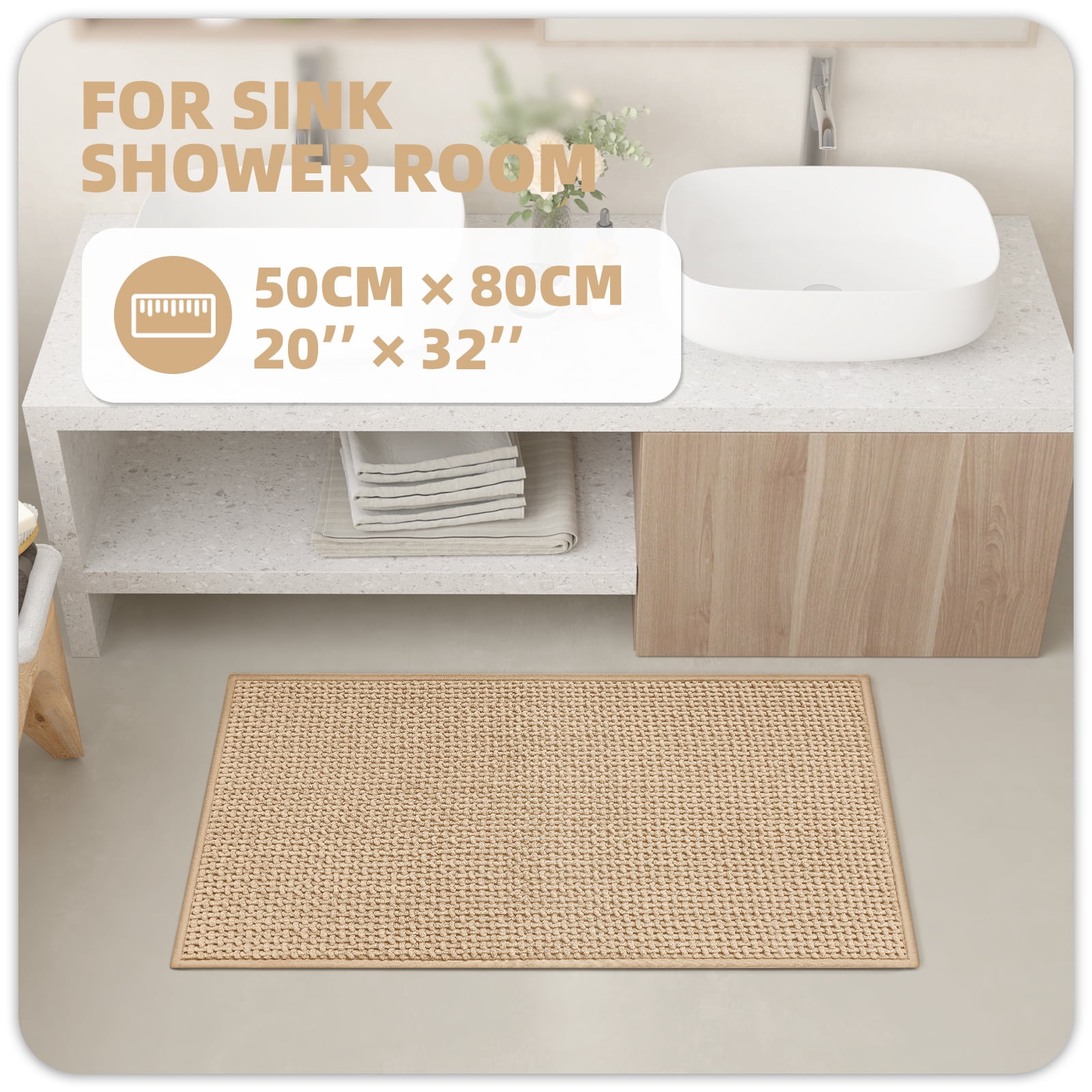 PABUBE Bathroom Rug, Non Slips Bath Mat, Machine Washable Bathroom Mat, Soft Absorbent Bathmat Bath Rug, Bathroom Rug and Mat for Bathroom Floor (20"x32",Beige)
