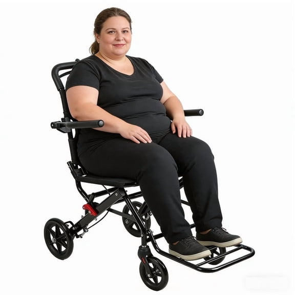 17.7 Inch Wide Foldable Transport Wheelchair for Adults & Seniors, Carbon Steel Frame Travel Chair with Pull Bar, Safety Belt, PU Wheels, Supports up to 220 lbs