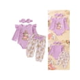thumbnail image 3 of Baby Girl Fall Outfit, Bear Print Long Sleeve Romper Elastic Waist Pants Bow Headband 3 Piece Set, 3 of 9