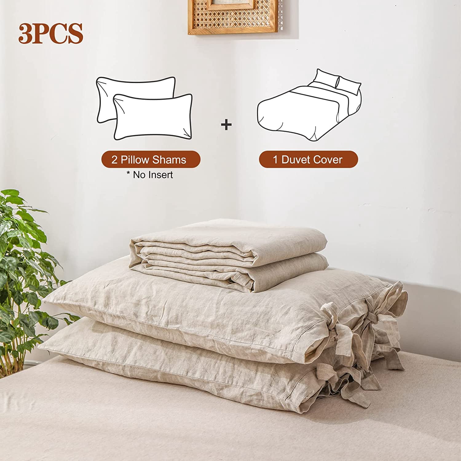 Simple&Opulence 100% Linen Duvet Cover Set, 3 Piece Belgian Flax Breathable Bedding, Queen Size 88''x92'' (1 Comforter Cover+2 Pillowshams) with Tie Closure Style,Linen