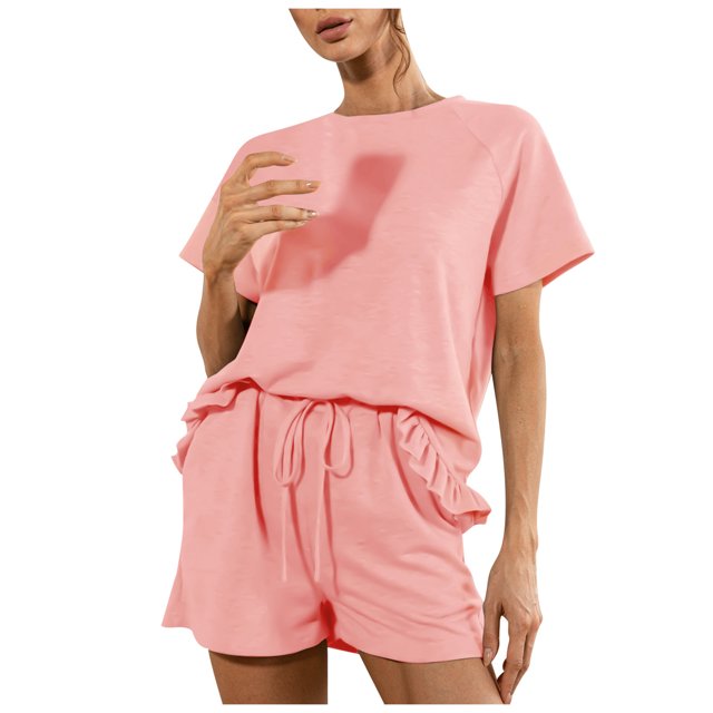 Conjunto de 2 piezas de pantalones cortos de manga corta de color sólido informal de verano sexy para mujer Pompotops ulkah937162