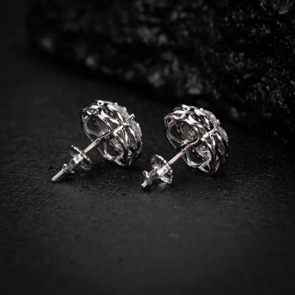 Large White Gold 925 Sterling Silver Flower Cluster Hip Hop Stud Screw Back Earrings