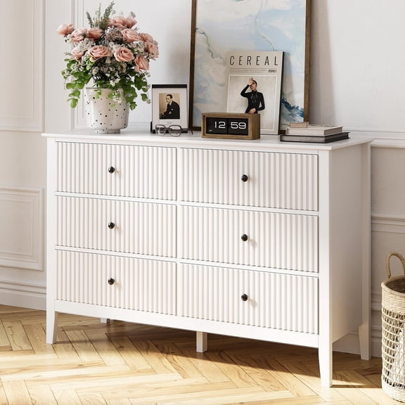 May in Color White Fluted 6 Drawer Dresser for Bedroom, Modern Storage Cabinet for Bedroom, Hallway, Living Room, Entryway