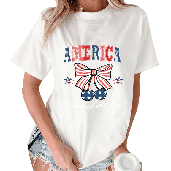Giffimy Women's Patriotic USA Flag Bow Cherry Print Short Sleeve T-Shirt White S-5XL Relaxed Fit Cotton Top