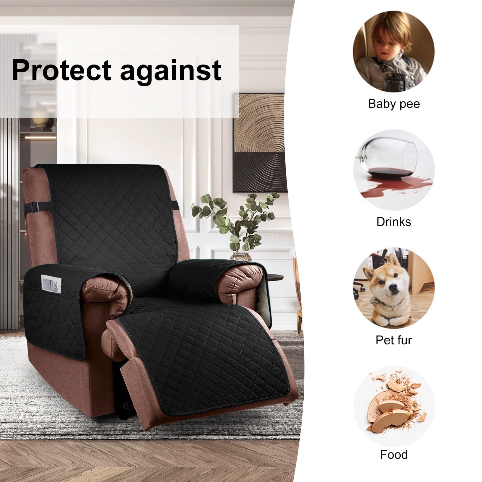 Sanmadrola Recliner Chair Cover Reversible Small Recliner Slipcover for Dogs Seat Width to 25 Inch Washable Couch Cover with Elastic Straps for Kids and Pets(Small Recliner, Black)