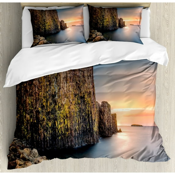Iceland Duvet Cover Set Queen Size, Sugandisey Basalt Island near Stykkisholmur Oceanic Theme, Decorative 3 Piece Bedding Set with 2 Pillow Shams, Blue Grey Peach, by Ambesonne