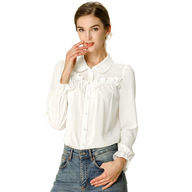 INSPIRE CHIC Women's Button Down Long Sleeve Cuff Ruffle Detail Blouse Shirt Tops