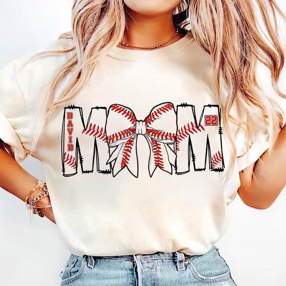 Custom Baseball Mama T-Shirt, Game Day Bow Shirt with Kids Name and Jersey, Personalized Sports Mom T-Shirt, Coquette Baseball Gift