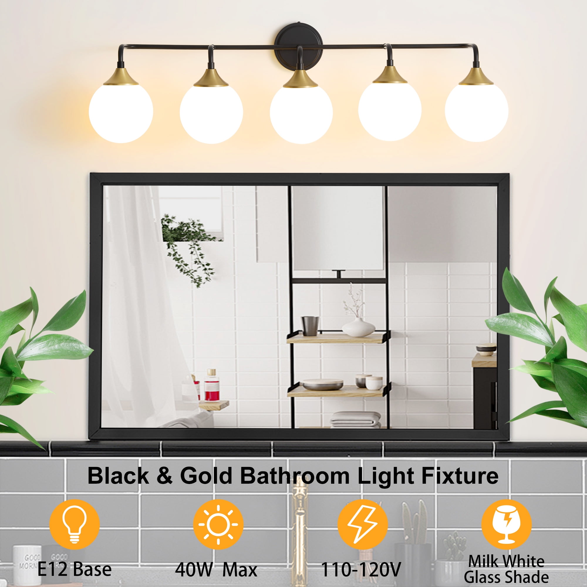 Deyidn 5-Light Black and Gold Modern Vanity Light, 39 Inch Dimmable Bathroom Light Fixture with Opal Glass Globes for Mirror