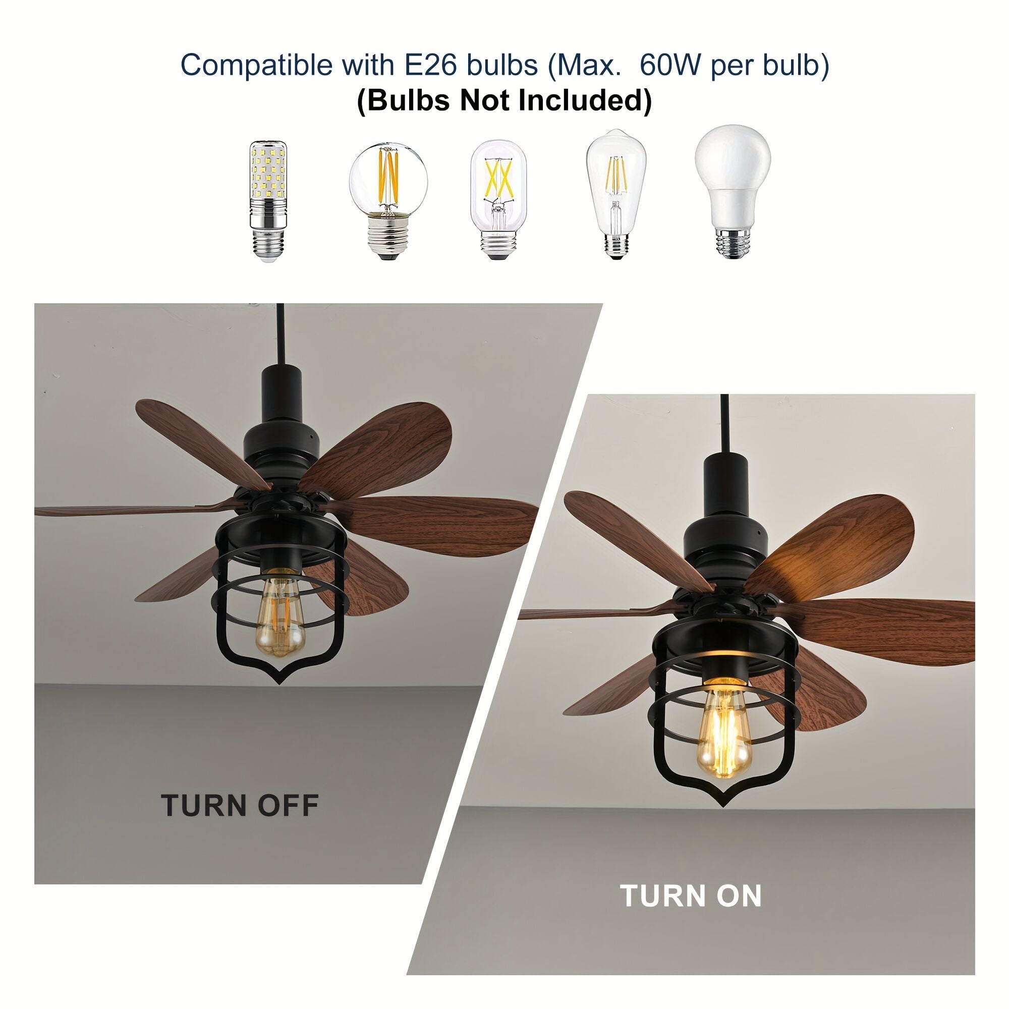 Garwarm E26 Socket Fan Light with Remote, 20" Screw-In Ceiling Fan with Lights, 3-Speed Timer Small Fan Light Bulb for Bedroom Kitchen Island Garage