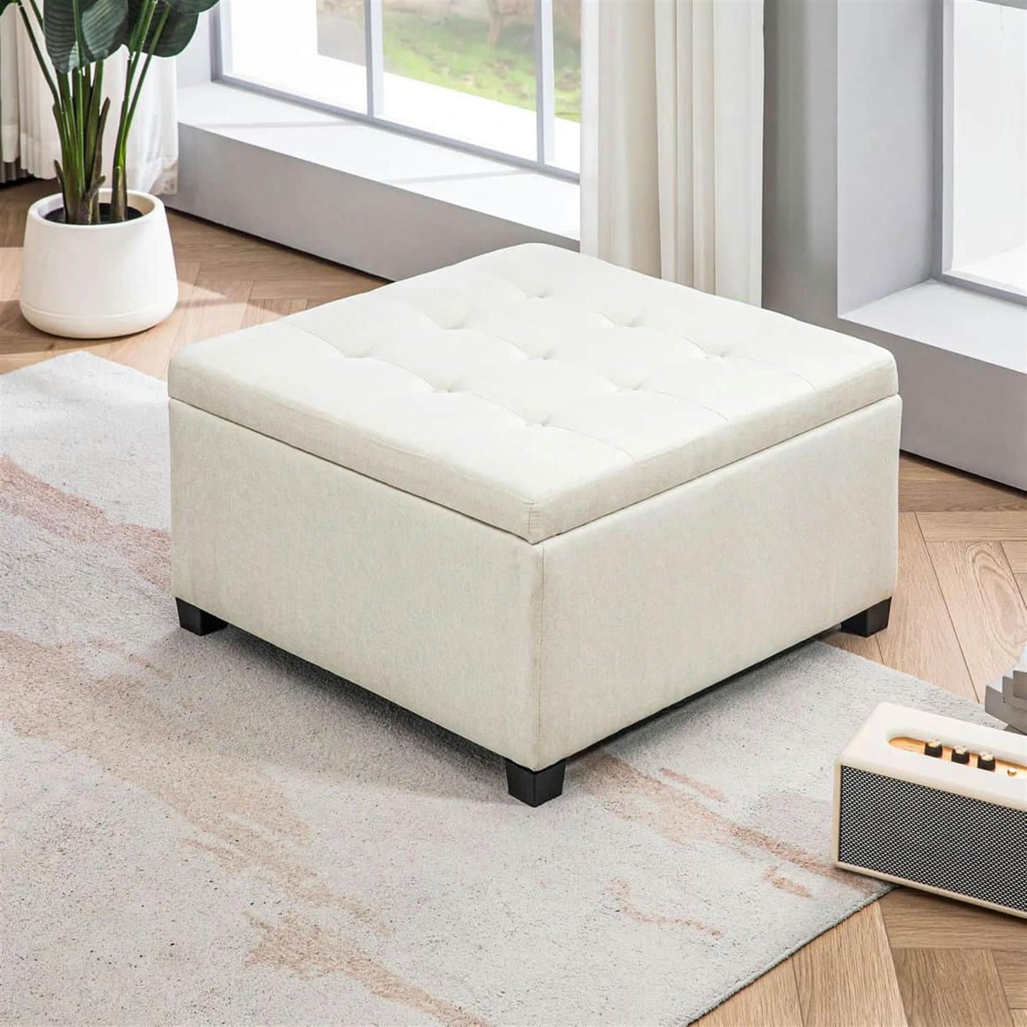 Demi Bonn 27" Bench Button Tufted Storage Ottoman, Velvet Flip Top Ottoman for Living Room, Bedroom, Entryway, Beige