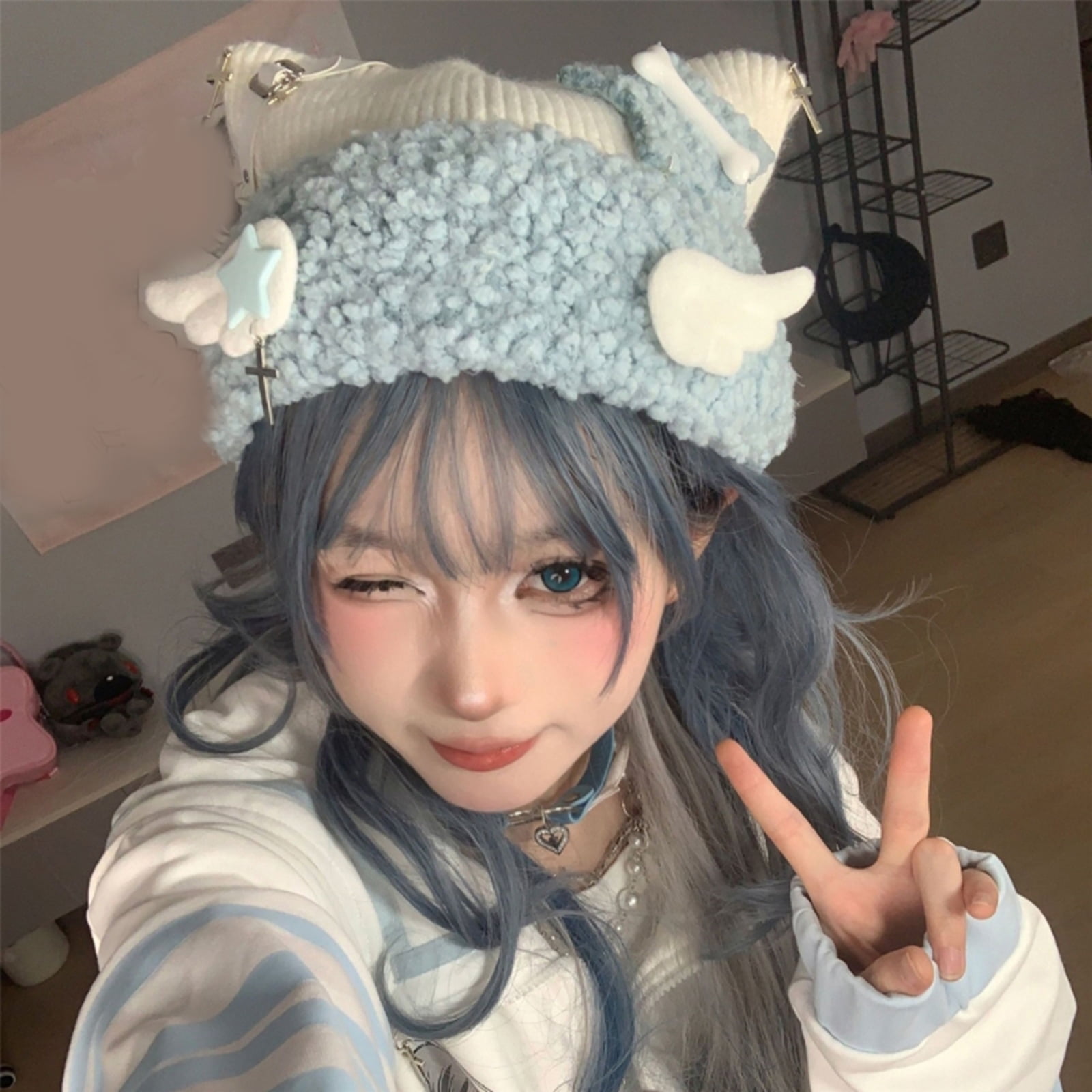 Handmade Knitted Ears Hat Womens Pullover Caps Soft Woolen Colorful Caps Cute Beanies Bonnet Gift