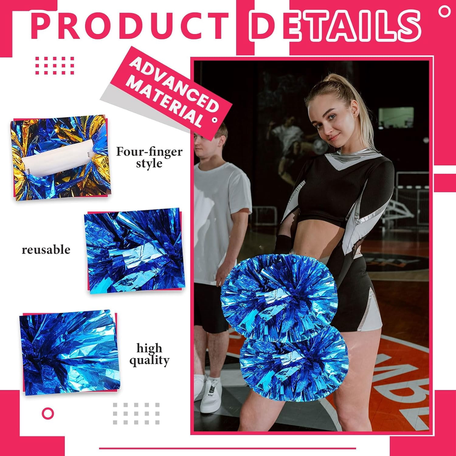 Cheerleader Pom Poms 12 Pack Sports Dance Cheering Plastic Metallic Cheerleading Pom Poms for Kids Adults