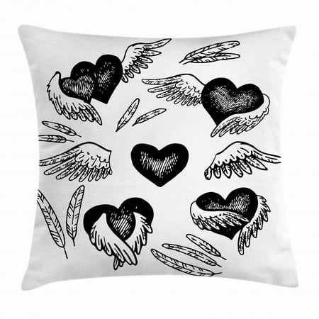 Feather Throw Pillow Cushion Cover Romantic Hearts With Wings Valentines Day Themed Sketch Style Love Image Decorative Square Accent Pillow Case