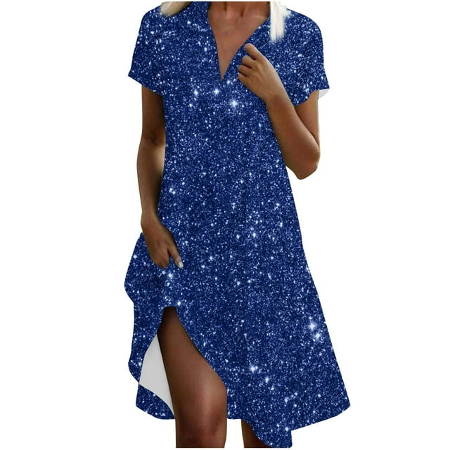 Vestido Corto de Manga Larga para Mujeres Brillante Impresión Cuello en V Suelto Cómodo, Vestido de Moda de Malla para Fiesta Y Ocasional