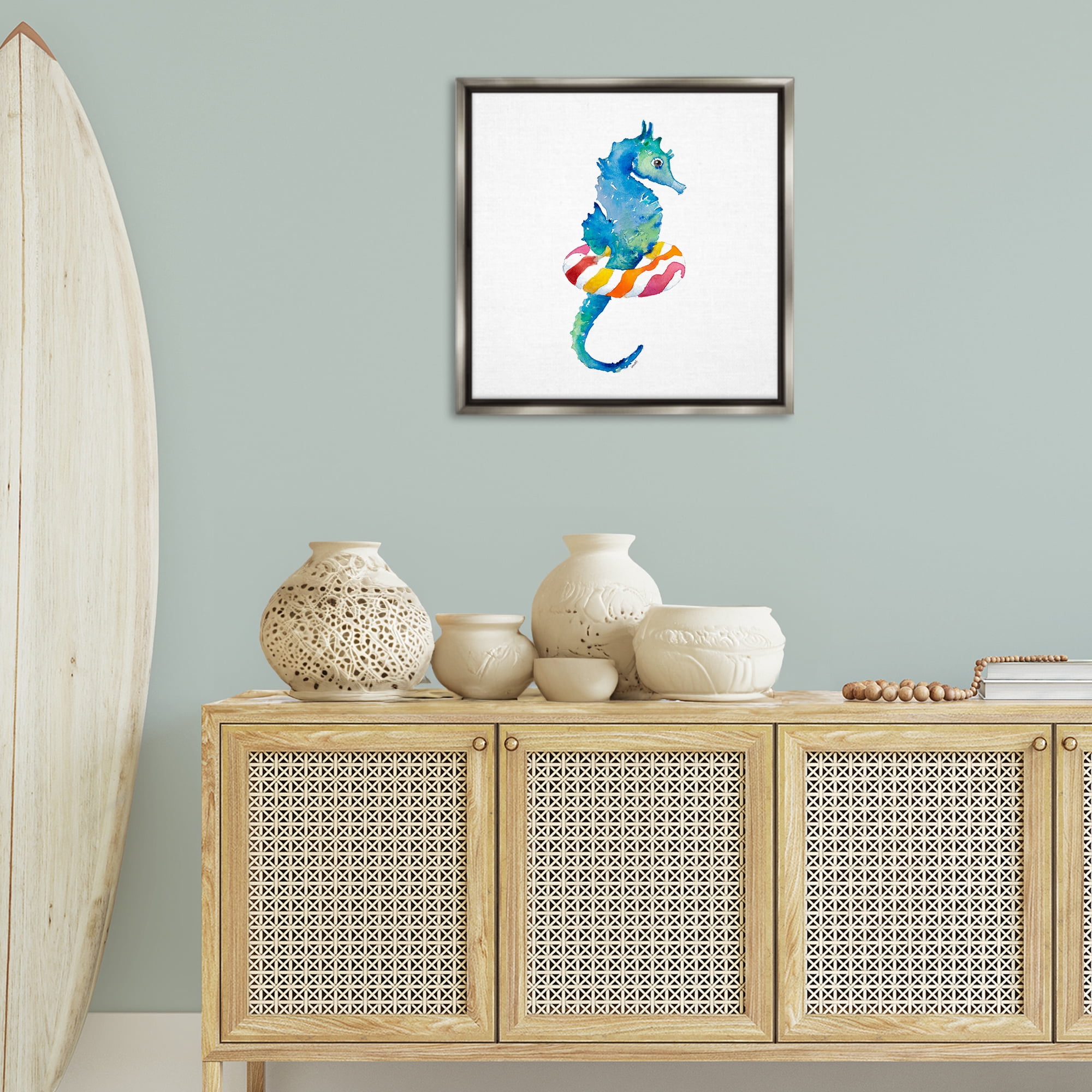 Stupell Industries Summer Float Seahorse Novelty Painting Gray Floater Framed Canvas Art Print Wall Art, 25 x 25
