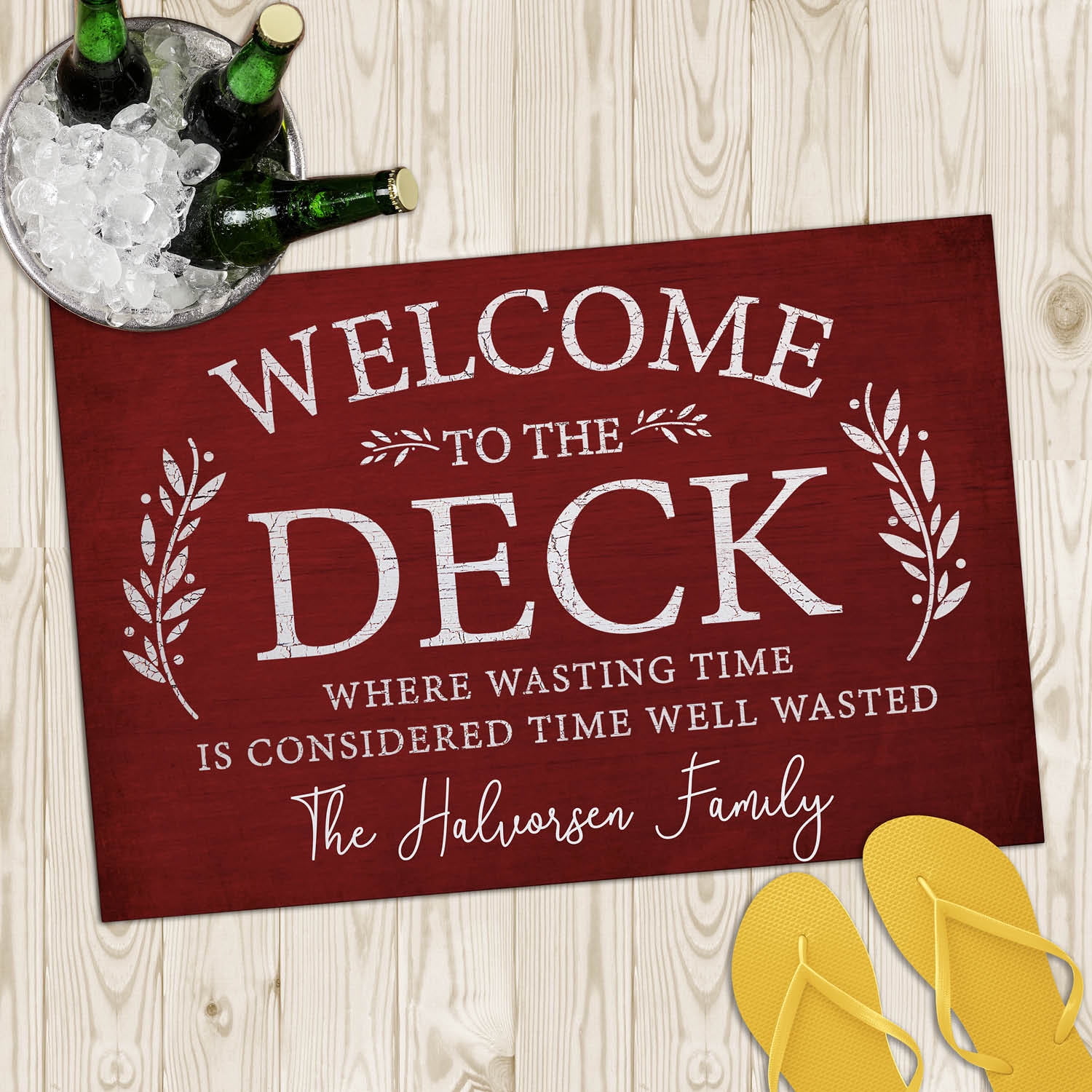 Personalized Planet 27x18 Welcome To The Deck Where Wasting Time is Considered Time Well Wasted Doormat with Custom Name Printed on Red Rectangular 1/8” Thick Non Slip Mat