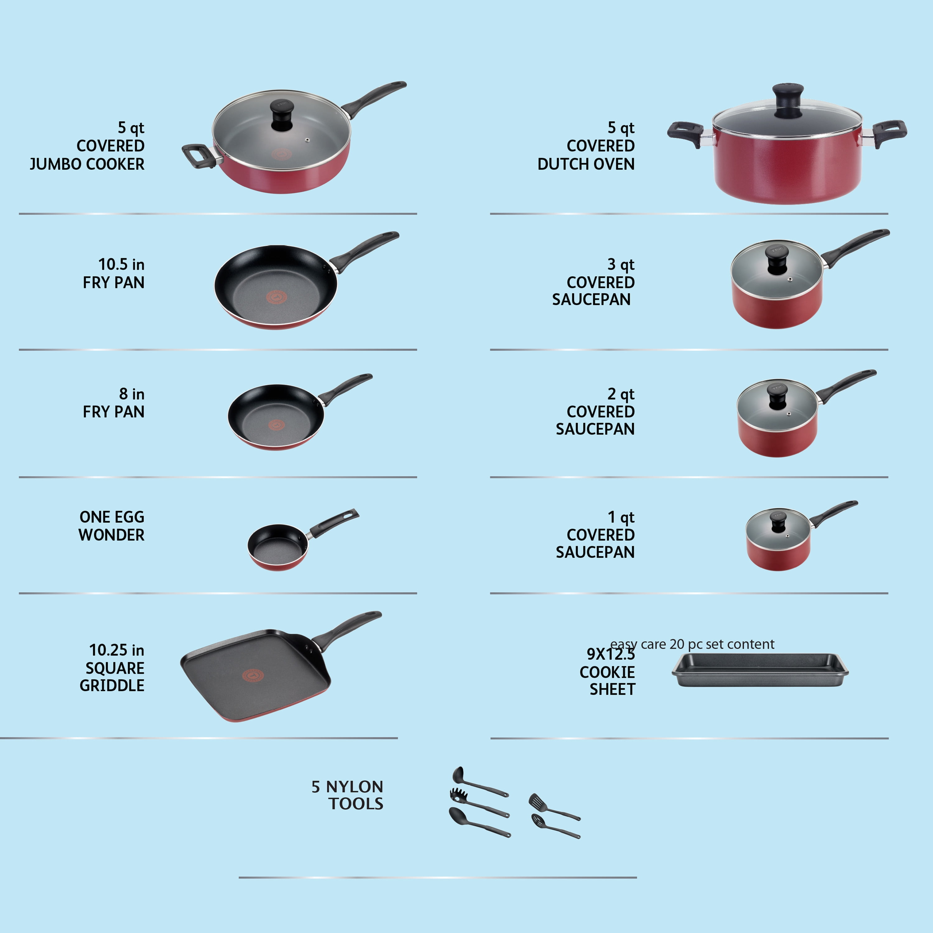 T-fal Essentials Nonstick Aluminum 20 Piece Cookware Set & Cooking Utensils