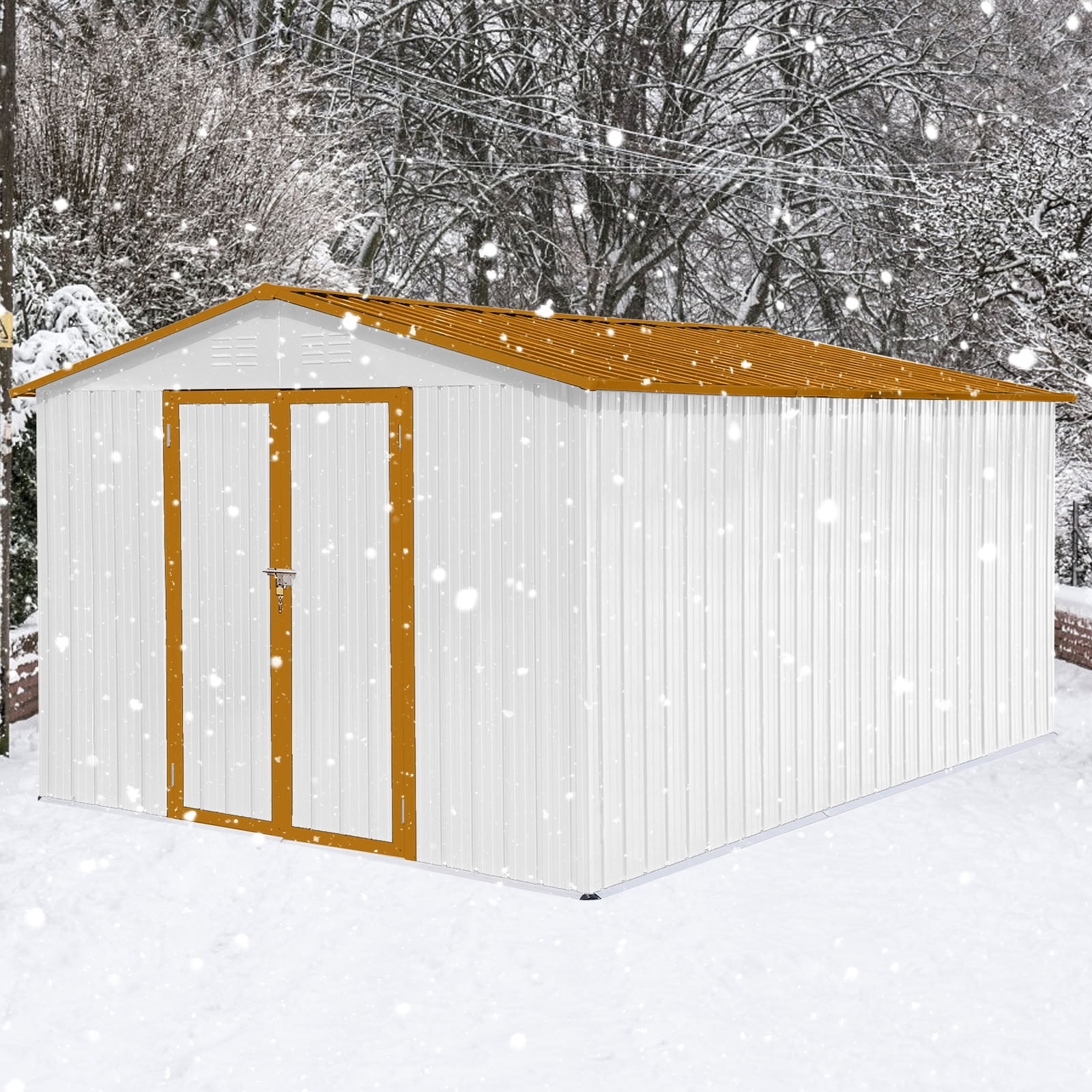 MAYEERTY 10x12 FT Outdoor Storage Shed, Galvanized Steel Garden Shed with Hinged Lockable Door, Vents, for Backyard, Patio & Lawn (No Floor Included)