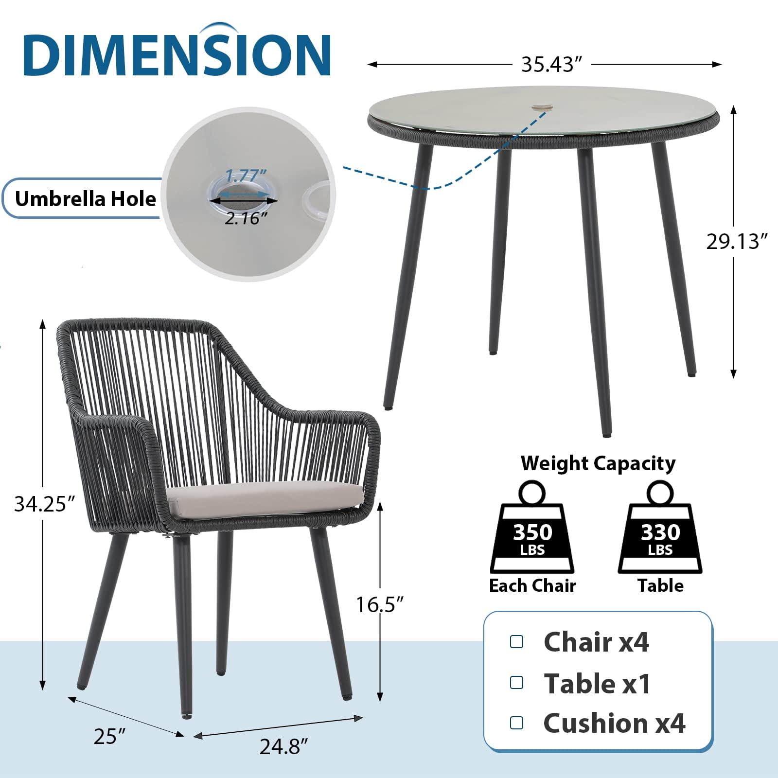 JOIVI 5-Piece Outdoor Dining Set, Wicker Patio Dining Set, Black Rattan Patio Furniture Table and Chairs Set for 4 People, with Umbrella Hole for Lawn, Backyard, Garden