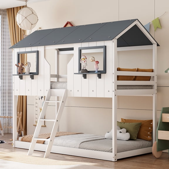 Newest Twin over Twin Bunk Bed with Roof & Window, Playhouse Solid Wood Frame with Ladder and Guardrail, White