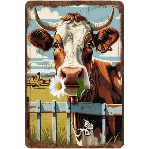 Cow With White Daisy Novelty Aluminum Sign Rustic Farmhouse Decor Funny Metal Sign Farm Decorative Garden Tin Sign Yard Sign 12x8 Inches