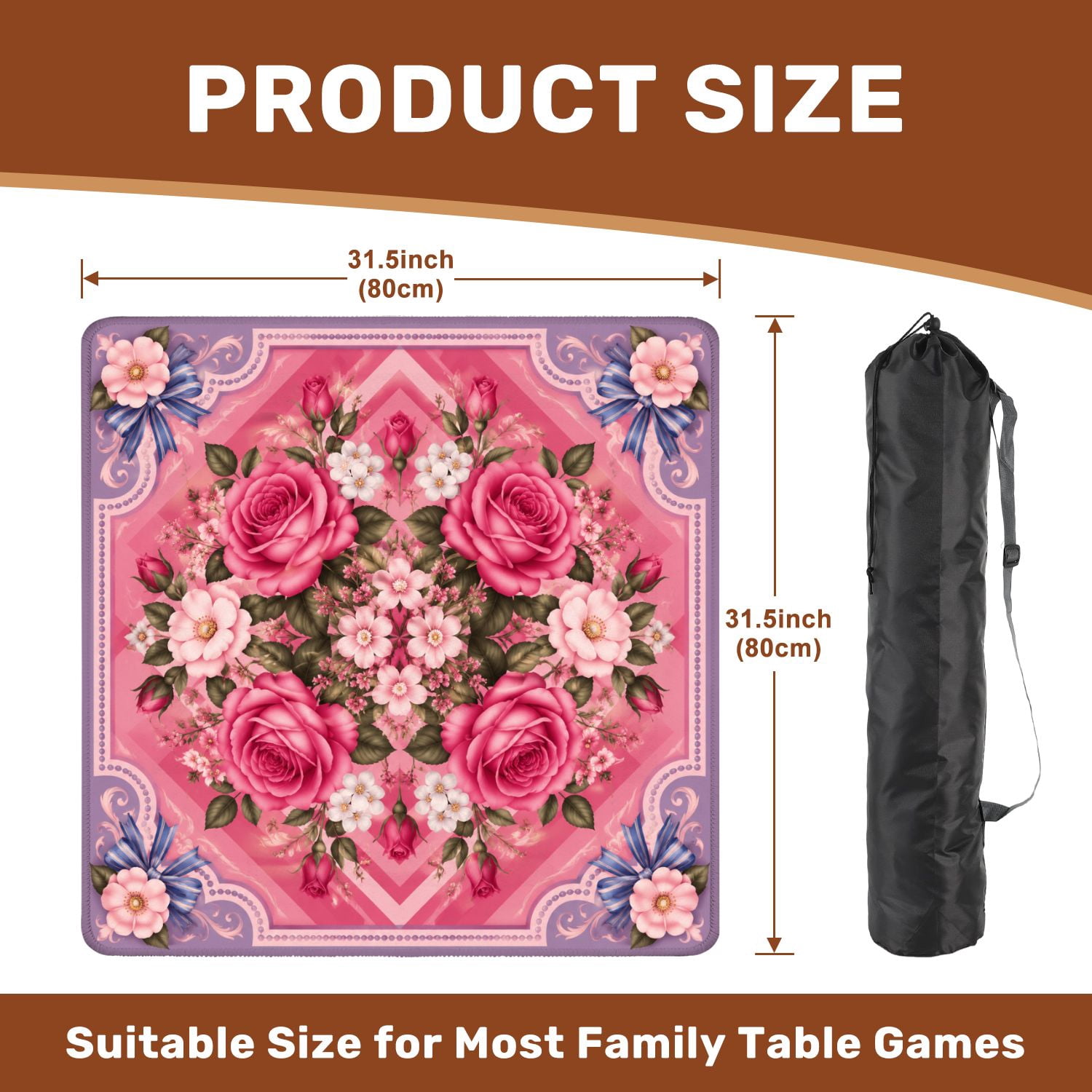 Mahjong Mat 31.5" x 31.5" Floral Border Pink White Camellias Soft Pastel Non-Slip Noise Reduction Mahjong Tiles Table Cover for Dominoes Poker Card Board and Tile Games