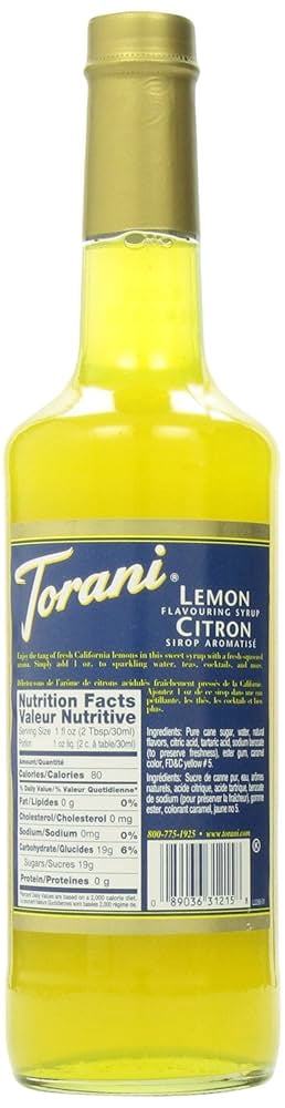 Torani Lemon Syrup, 750mL (25.4 fl oz) Glass Bottle + Gold Pump