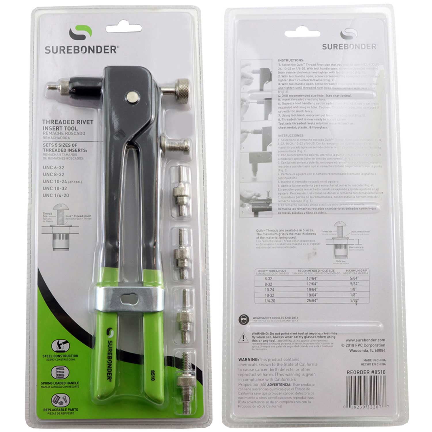 Surebonder Threaded Insert Tool For Metal, Fiberglass, Plastic - Includes 5 Sizes of Threaded Mandrels & Nose Pieces (8510)