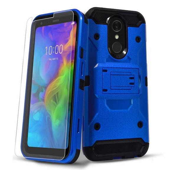 LG X Power 2 Phone Case, LG X Power 3 Case, With [Tempered Glass Screen Protector Included], Heavy Duty [Tank Armor] Full Coverage Dual Layer Phone Cover with Build in Kickstand-Blue