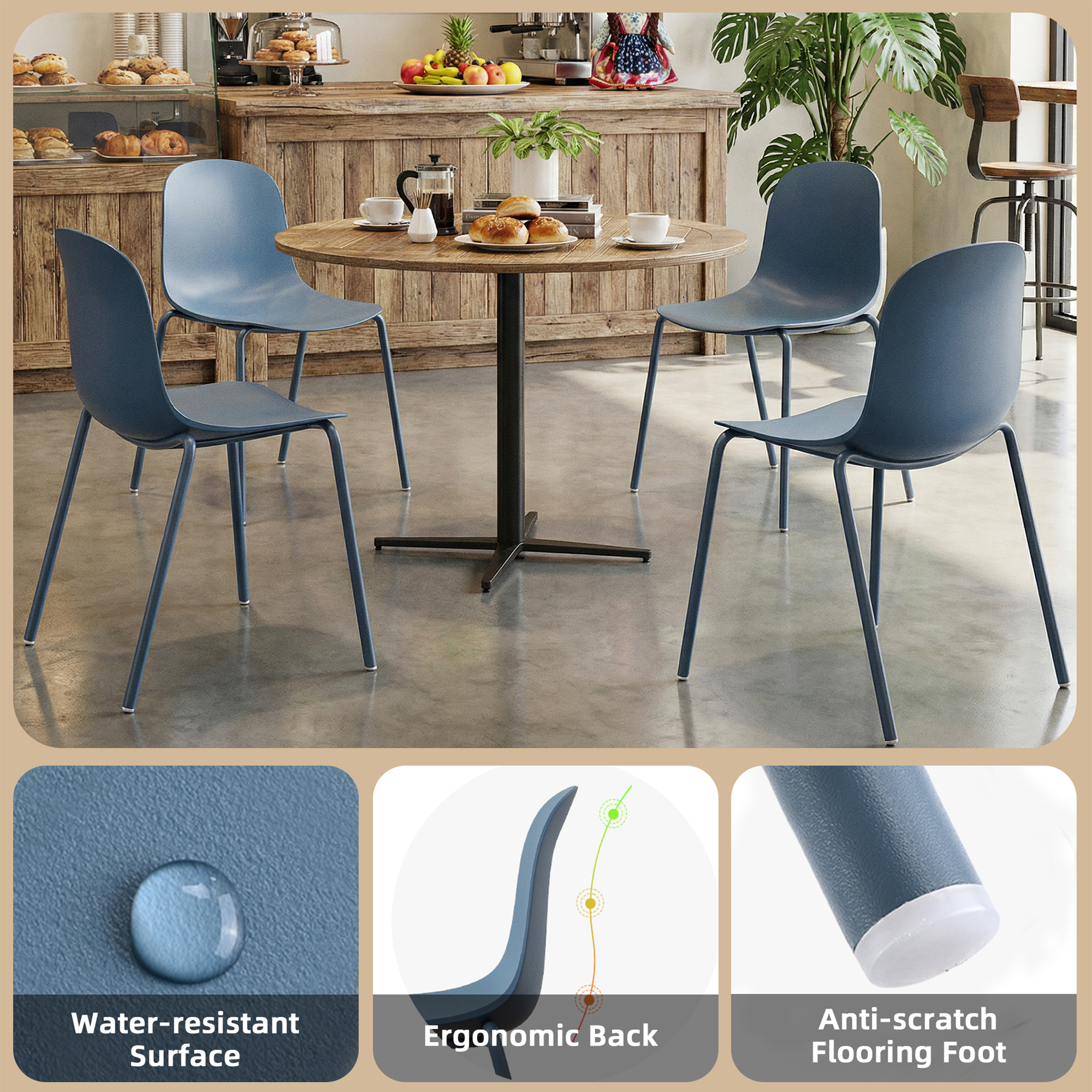 MAYEERTY Blue Set of 4 Modern Stackable Plastic Waterproof Dining Chairs, Metal Legs, Indoor/Outdoor Use