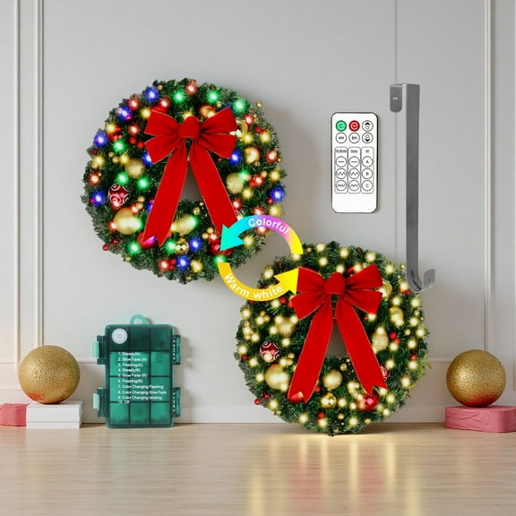24 Inch Christmas Wreath with Auto Timer, Battery Powered Pre-Lit LED, Energy Saving Decoration with Christmas Ball and Frosted Branches