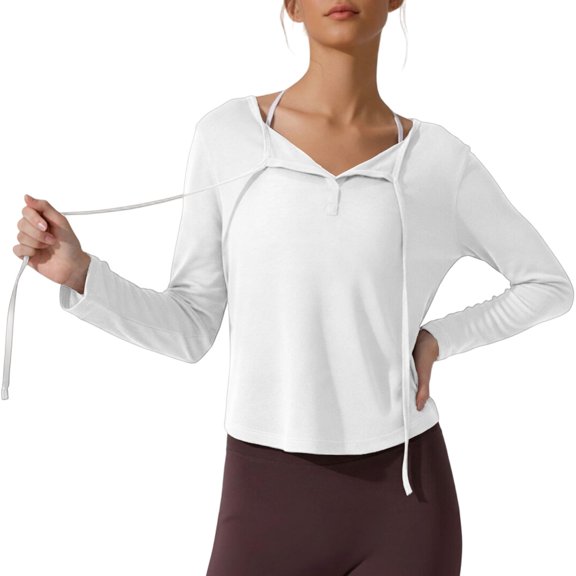 Women's Long Sleeve Workout T Shirts Trendy Button Drawstrings Solid Yoga Tops Ladies Fall Running Gym Fitness Athletic Tees White 01 XL