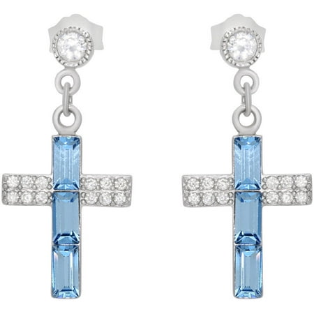 Swarovski Aquamarine Blue Crystal and Clear CZ Sterling Silver Cross Post Dangle Earrings