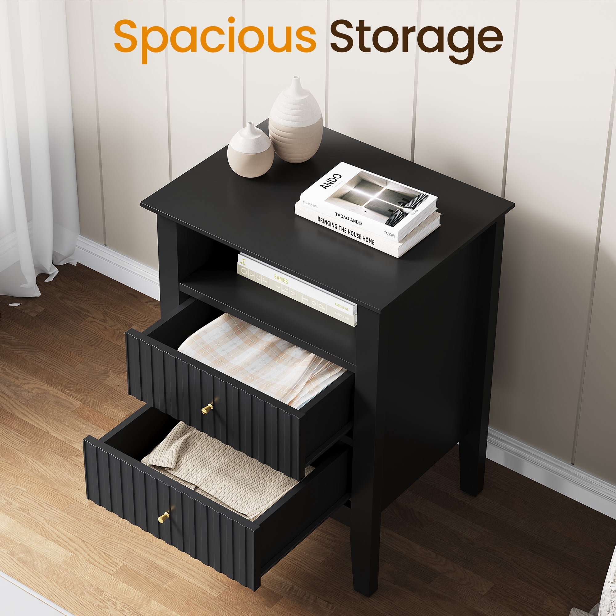 May in Color Fluted Nightstand with 2 Drawers and Storage Shelf, Set of 2, Ideal for Bedroom, Living Room, Black