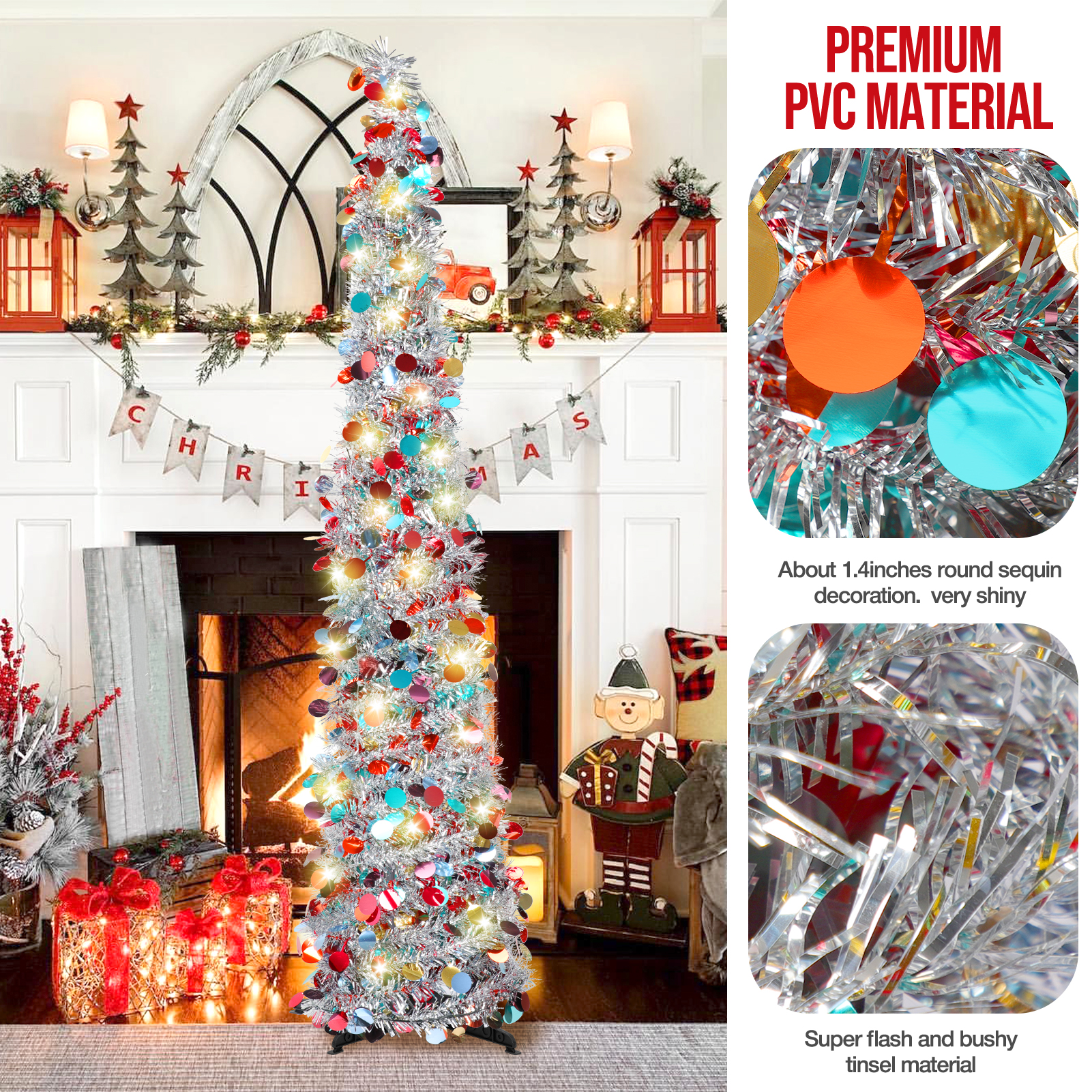 Ayieyill 5' Pop-Up Tinsel Christmas Tree, Silver Pencil photo 4