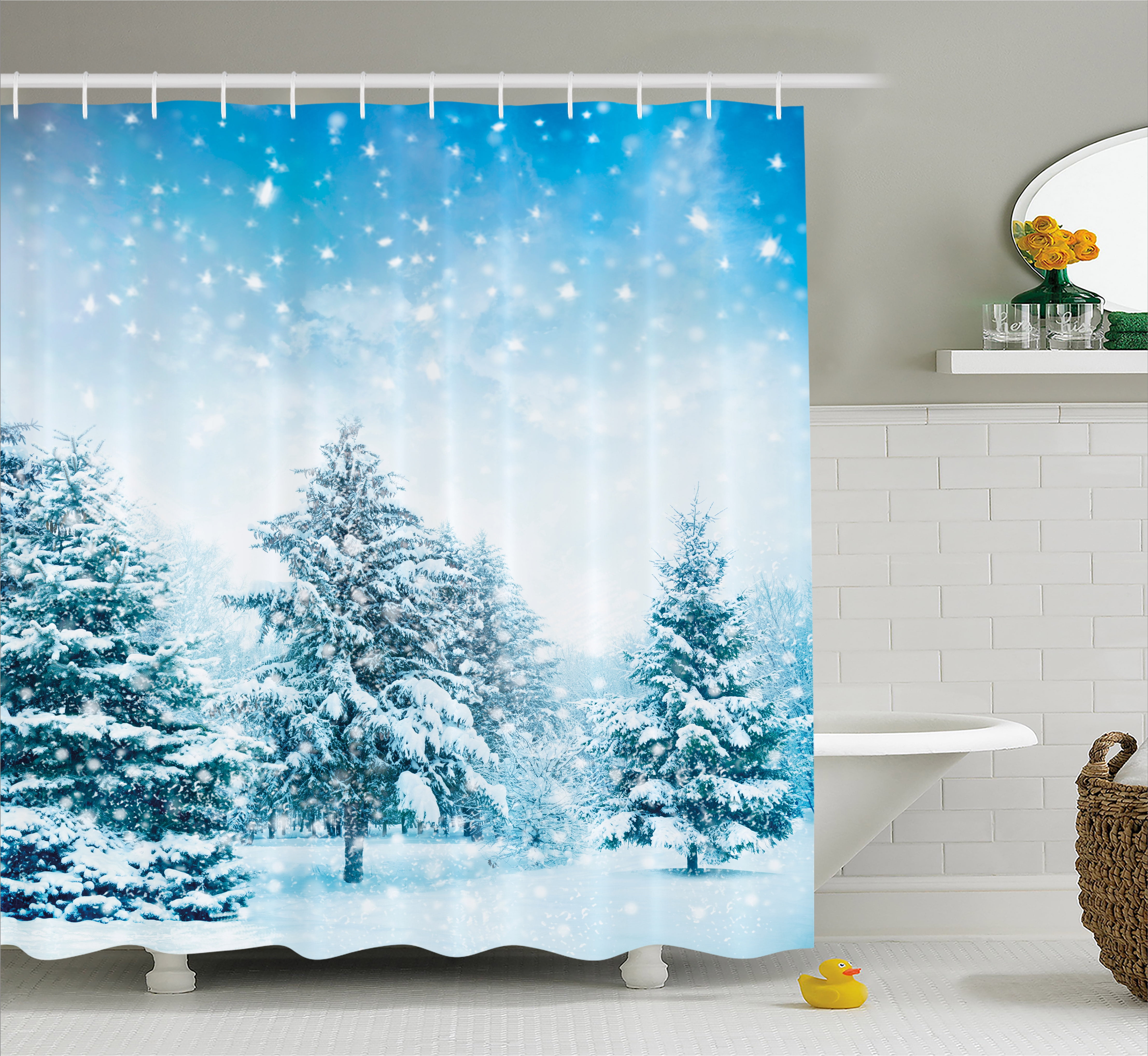 Winter Shower Curtain, Snow Covered Fir Trees on Mountainside Blizzard
