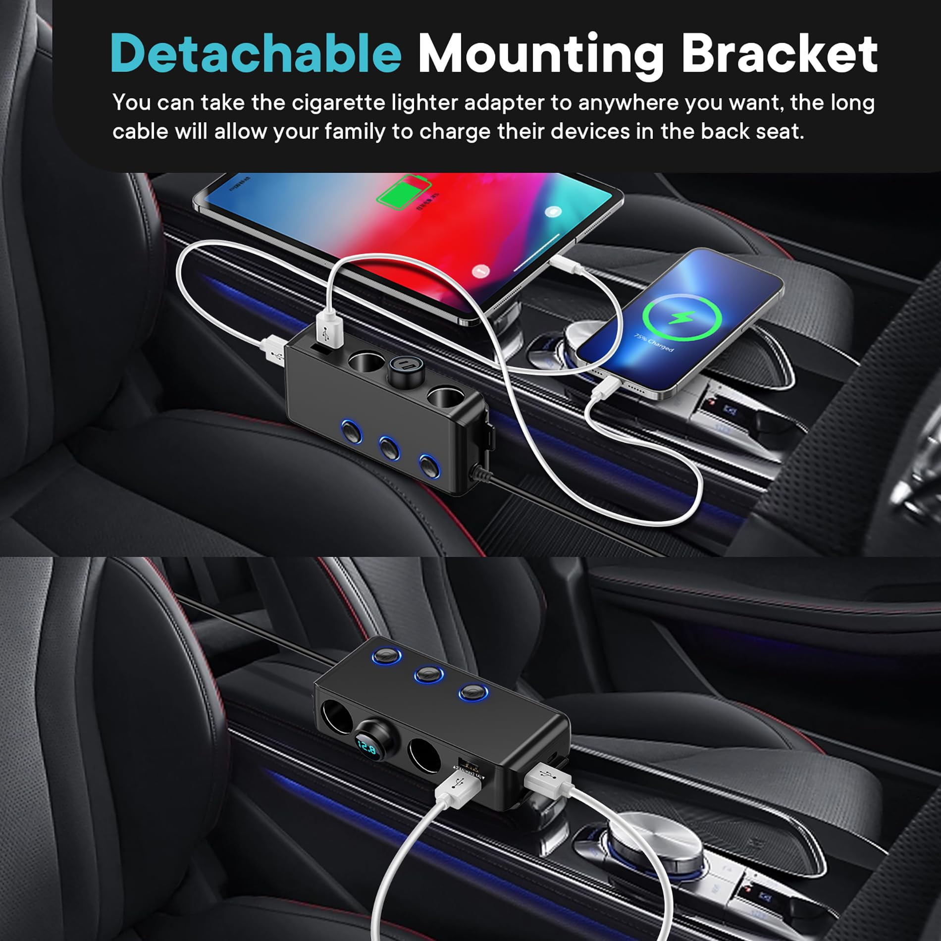Car charger,fast charging, including 4 USB ports + 3 cigarette lighter ports, suitable for mobile phones, tablets and other electronic devices