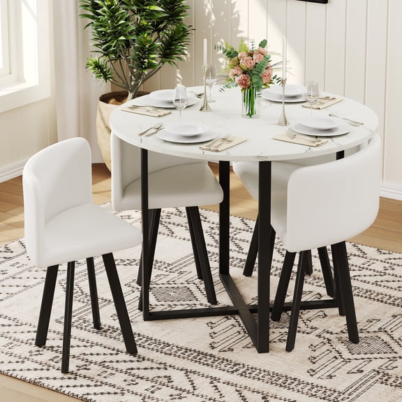 Dining Table Set for 4, White Faux Marble Table with 4 White PU Leather Chairs, Modern 5-Piece Round Dining Table Set for Small Space, Apartment