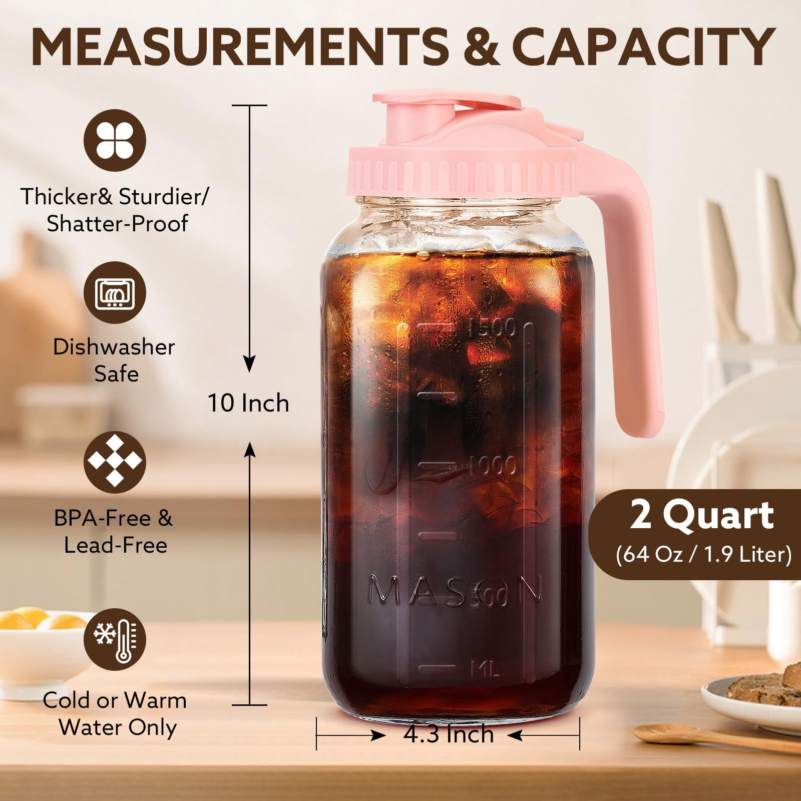Glass Pitcher With Lid  64 Oz Mason Jar Double Leak Proof 2 Quart Breast Milk Storage Containers For Fridge Wide Mouth Sun Tea Juice Cold Brew Coffee
