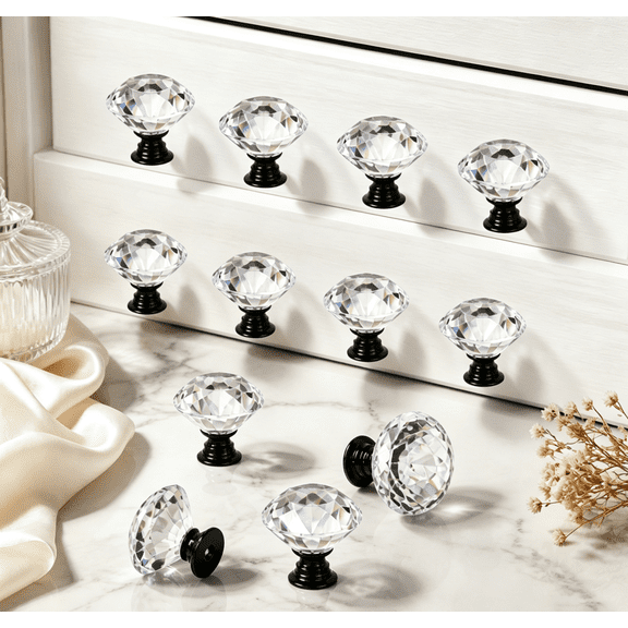 12 Packs Crystal Cabinet Knobs Drawer Pulls and Knobs Diamond Dresser Handles Crystal Pulls for Drawers - 30 mm Clear Glass Cabinet Knob with Black Base