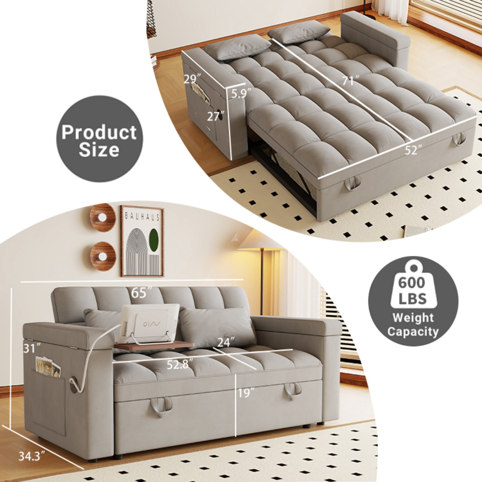 Gewnee 65" Foldable Sofa Bed with Table Board & USB,5-Level Adjustable Backrest & Pillow & Storage Armrests,Space-Saving for Living Room,Apartment,Office.Light Grey