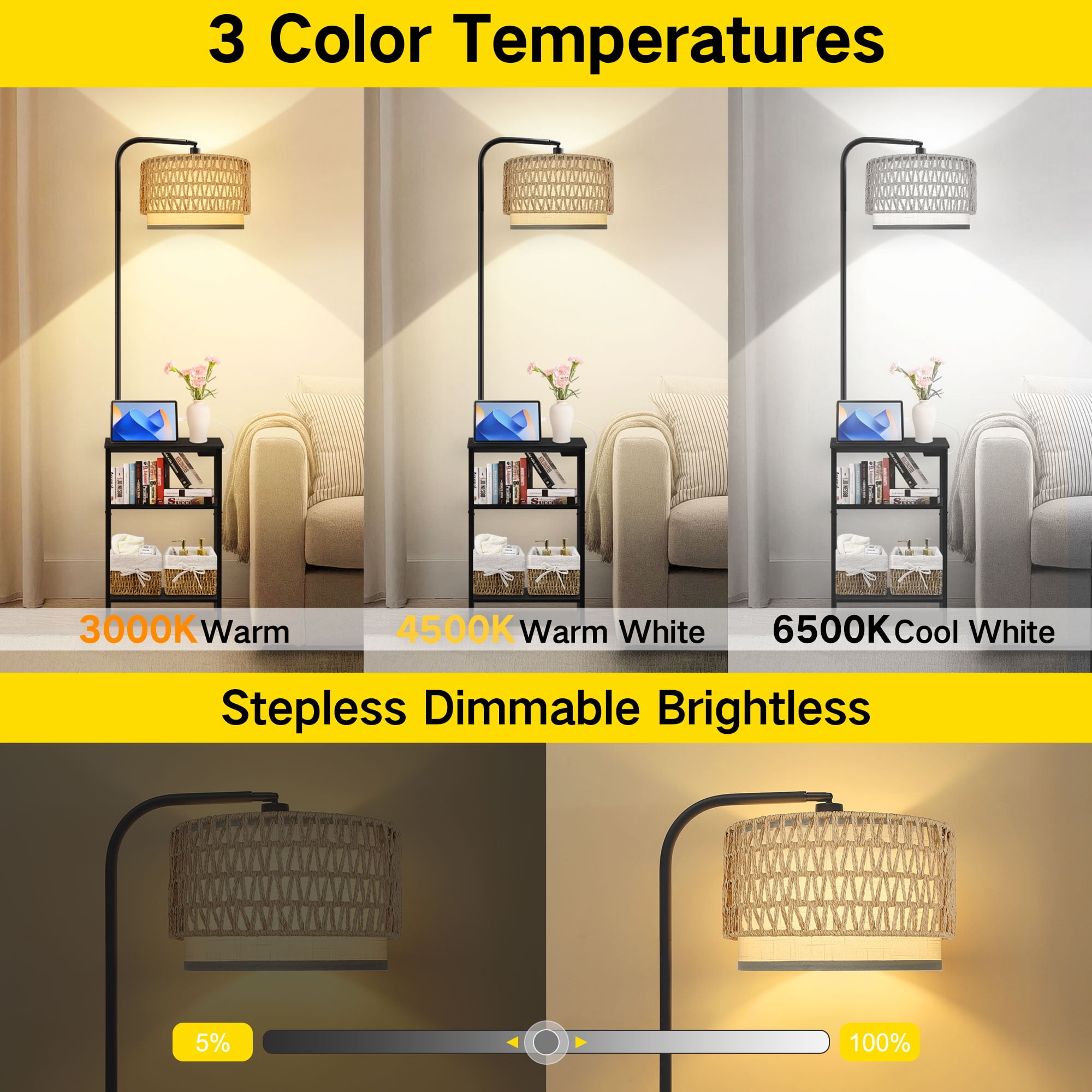 OUTONLIFE Rattan Floor Lamp with Table for Living Room with USB & Type C Charging Station, End Table Lamp with 3-Color Temperature LED Bulb for Bedroom, Black