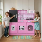 COCLUB Play Kitchen, Wooden Kids Kitchen Playset with Chalkboard, Ice Maker, Play Phone, Cookware Accessories, Microwave Toy Kitchen Gift for Boys Girls Age 3-8 Pink
