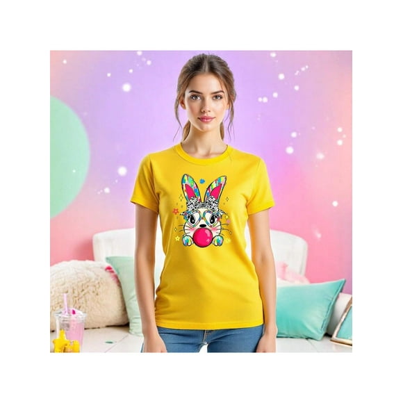 Playera de Mujer con Conejita Chic – Estampado Divertido y Colorido Color Amarillo Talla Mediana Marca Emil SaEs