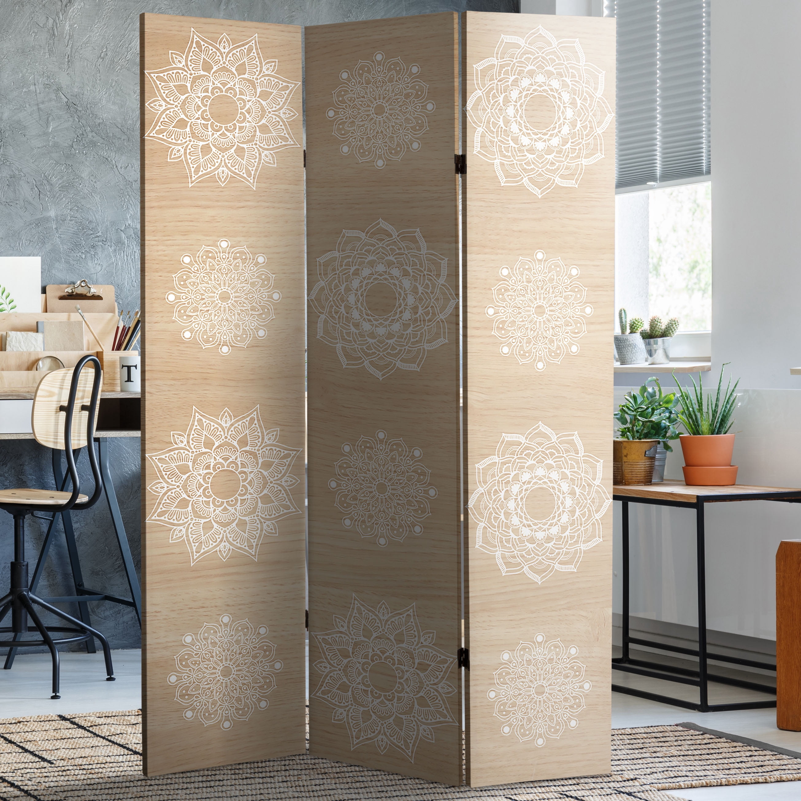 Oriental Furniture 6 ft. Tall Mandala on Birch Canvas Room Divider - 3 Panel