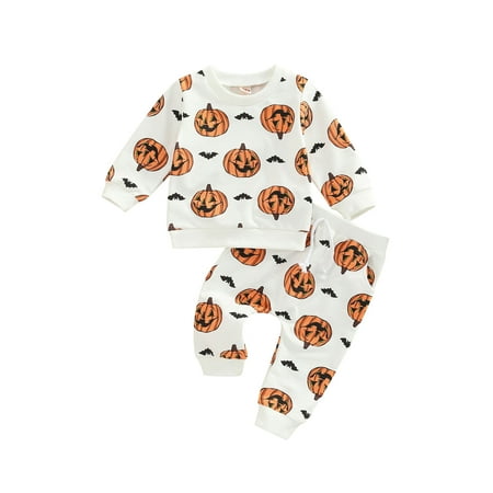 

Bagilaanoe 2Pcs Newborn Baby Girl Boy Halloween Outfits Pumpkin Letter/Bat Print Long Sleeve Pullovers Tops Trousers 6M 12M 18M 24M Infant Fall Long Pants Set